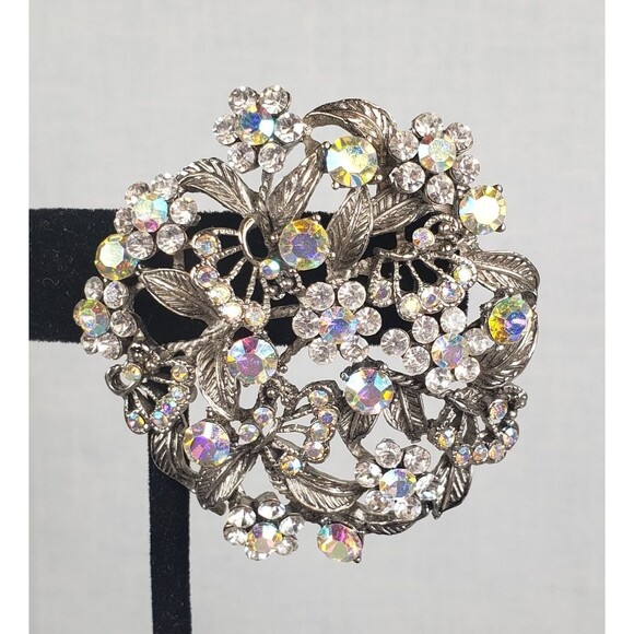 Vintage 1950's Flower Filigree AB Crystal Rhinestone Silver Tone 2" Brooch - Picture 7 of 14